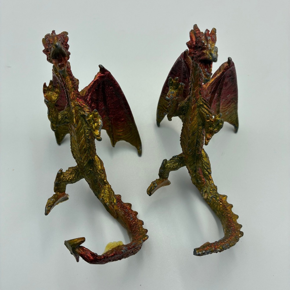 Vintage Pewter Red and Gold Winged Dragon Figurines Set of 2 Fantasy Decor